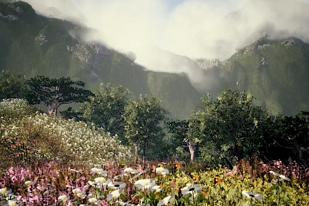 Landscapce with flowers: Visualisation of the habitat of the extinct plant